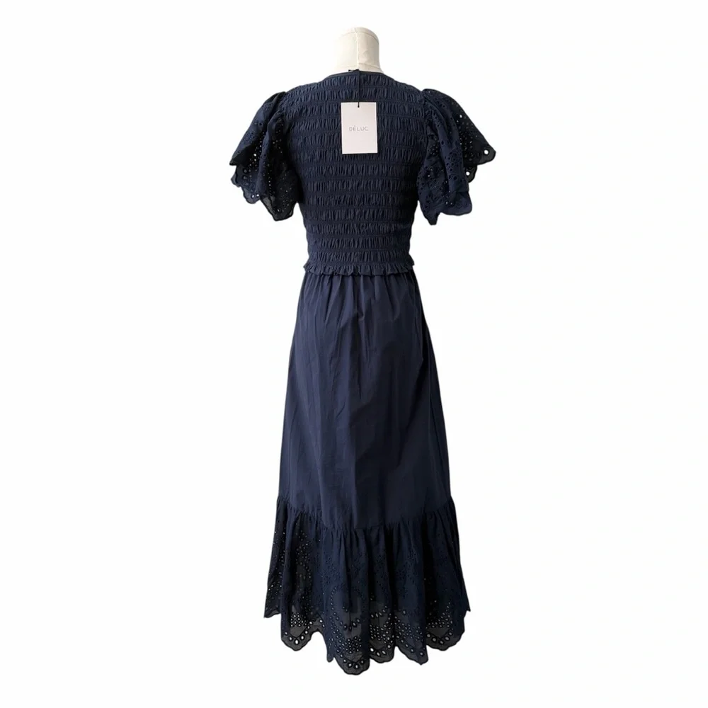 Deluc Avis Smocked Midi Dress Blue Embroidered Ruffle Pockets NWT M - Picture 5 of 14